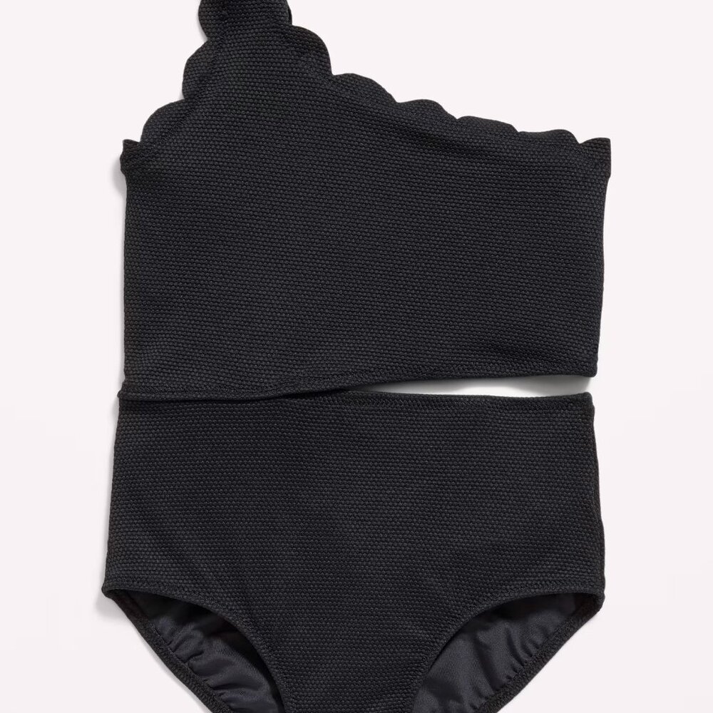 Old Navy Kid Girl Scallop-Trim One-Shoulder One-Piece Swimsuit Size XXL Black